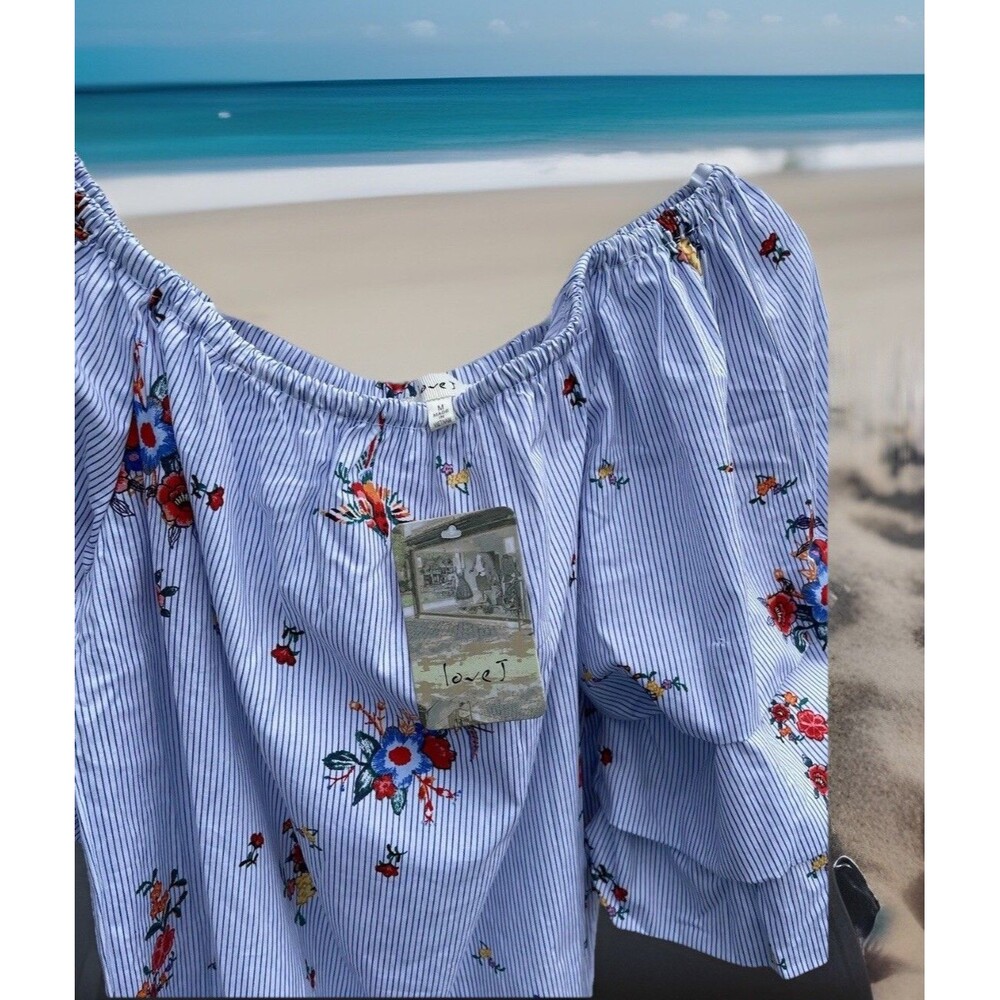 Love J Striped Floral Top Statement Sleeve Birds Summer Lady Size Medium NEW